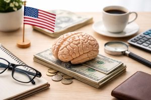 Realistic minimalist still life representing investor psychology in the United States, showing a human brain placed on stacked dollar bills on a wooden desk, surrounded by coins, glasses, a notebook, a magnifying glass, a calculator, coffee cup, and a small U.S. flag, symbolizing how emotions and cognitive biases influence financial decisions and investments.