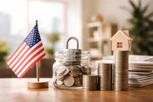 Realistic and minimalist scene representing investments and capital protection in the United States, featuring a small American flag on a wooden stand, a glass jar filled with coins secured with a padlock, and stacked coins topped with a wooden house, symbolizing financial security, stability, and long-term wealth preservation in a calm indoor environment.