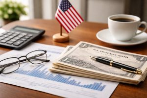 Realistic minimalist composition representing long-term financial planning and investments in the United States, featuring U.S. Treasury notes stacked on a wooden desk with a pen on top, reading glasses over financial documents, a small American flag in the background and a cup of coffee, symbolizing stability, strategic investments decisions and interest rate influence on fixed income markets.