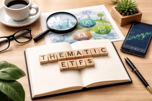 The image presents a clean, minimalist workspace arranged on a light wooden desk. At the center, an open notebook displays wooden letter blocks forming the phrase “Thematic ETFs.” Surrounding the notebook are carefully placed objects: a cup of coffee, a pair of glasses, a pen, and a smartphone showing a financial chart.
