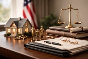 Minimalist and realistic scene representing Investments and legacy planning in the United States, featuring a wooden desk with a scale of justice, stacked legal books, a signed document with eyeglasses and pen, a small model house with warm interior lights, gold figurines symbolizing a family, and house keys placed beside them, with a softly blurred American flag in the background conveying stability, succession, and long-term financial strategy