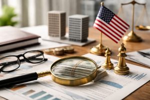 The image presents a realistic and minimalist financial composition that visually represents strategic capital allocation in the United States.