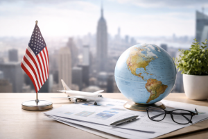 The image presents a clean and realistic scene symbolizing global business expansion toward the United States.