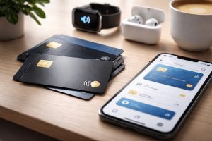 Modern minimalist workspace featuring multiple black credit cards stacked on a wooden desk next to a smartphone displaying a digital wallet interface, with wireless earbuds, a smartwatch, a coffee cup, and a small plant in the background, representing the evolution of credit cards and digital payments in everyday life in the United States.