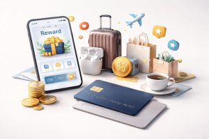 Realistic and minimalist composition featuring credit cards placed on a clean surface alongside a smartphone displaying a rewards app, surrounded by travel and lifestyle elements such as a suitcase, shopping bags, coffee cup, and coins, illustrating how credit cards rewards programs integrate into everyday consumer experiences with clarity and balance.