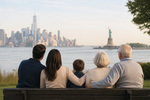 A realistic and minimalist scene shows a multigenerational family sitting side by side on a wooden bench facing a calm waterfront, with the New York City skyline and the Statue of Liberty visible in the background. From left to right, a younger couple, a child, and an elderly couple are seen from behind, suggesting different stages of life and long-term planning. The soft natural lighting and balanced composition create a sense of tranquility and continuity, subtly reflecting themes of Investments, financial security, and future stability in the United States.