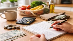 The image complements these ideas by depicting a calm and organized domestic setting focused on financial management.