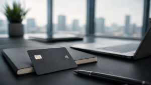 The image presents a minimalist and realistic corporate workspace featuring a sleek black business payment card placed on a dark notebook beside a metallic pen and a modern laptop. Soft lighting and a blurred city skyline create a professional atmosphere that visually represents financial management, operational organization, and modern business solutions.